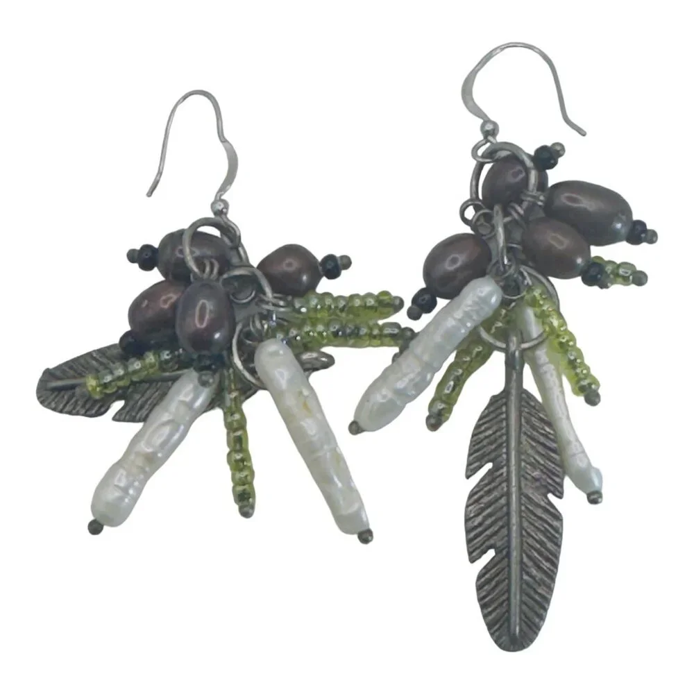 Sterling Genuine Pearl Dangle Earrings Biwa Pearls Feather Detail Beautiful Fun - Picture 5 of 7